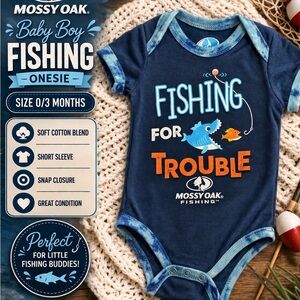 Mossy Oak Navy Blue Baby Fishing Onesie with Orange Accent